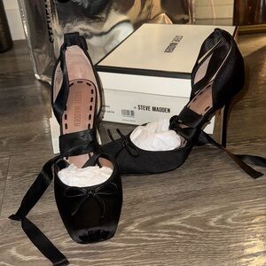 Steve Madden Larissa Black Satin Flats with Bow Detail